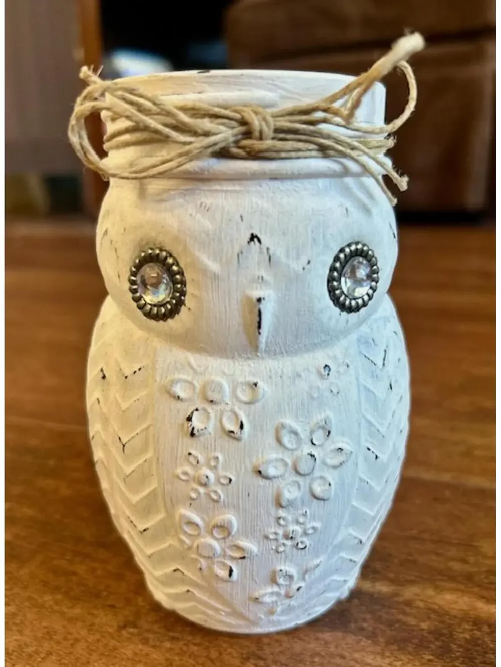 Decorative White Owl Mason Jar with Twine Bow